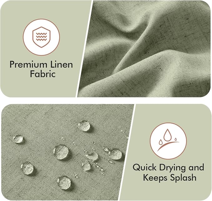 MIULEE Sage Green Scalloped Linen Shower Curtain 72W x 72L | 12 metal hooks, Linen scalloped, waterproof washable, thick heavy cloth, black border, boho farmhouse, bathroom hotel use