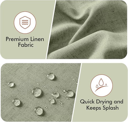 MIULEE Sage Green Scalloped Linen Shower Curtain 72W x 72L | 12 metal hooks, Linen scalloped, waterproof washable, thick heavy cloth, black border, boho farmhouse, bathroom hotel use