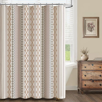 Beige Boho Linen Shower Curtain,72" W x 72" L | Linen Striped Print for Bathroom