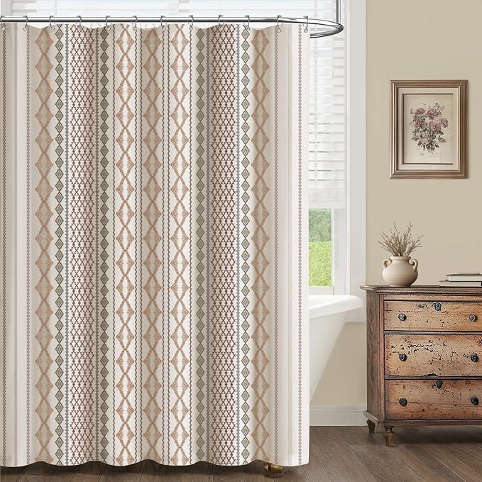 Boho Linen Shower Curtain for Bathroom with Striped Print,72" W x 84" L,Beige,Extra Long Size