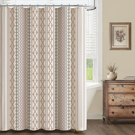 Boho Linen Shower Curtain for Bathroom with Striped Print,72" W x 84" L,Beige,Extra Long Size