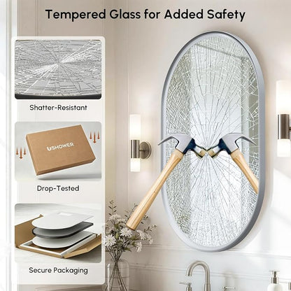 Brushed Nickel Pill Oval Mirror for Bathroom 24x36 Inch | Small Silver Vanity Mirror, HD Glass, Rust-Proof Aluminum Frame, Inner-Curved Decor for Bedroom, Entryway Renovation