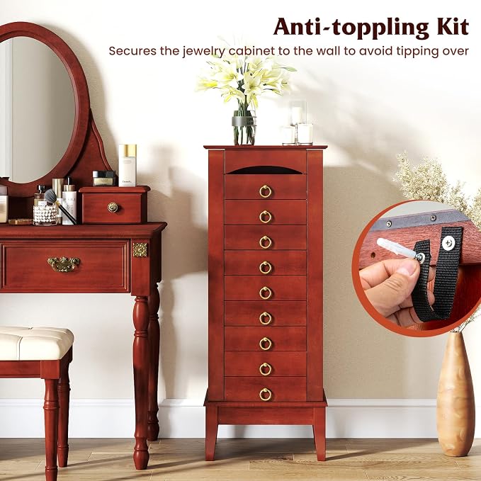 COSTWAY Standing Jewelry Cabinet, Wooden Jewelry Storage Chest with 9 Drawers, 2 Side Doors & Flip Top Mirror, Bedroom Jewelry Armoire with Top Divided Compartments