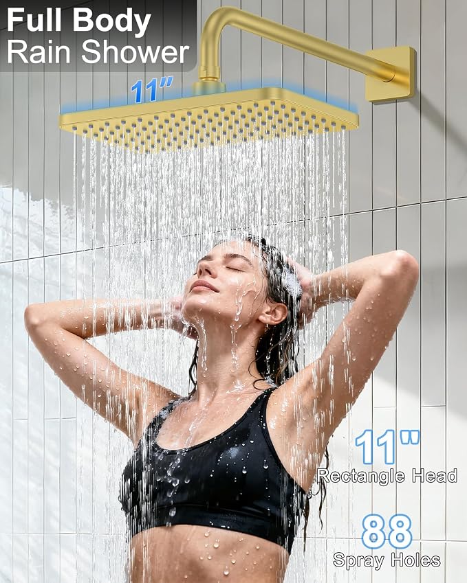 Brushed Gold Shower System Set - Complete with Valve Kit, Rainfall & Filtered Handheld Shower Head spray, Modern Bathroom Fixtures