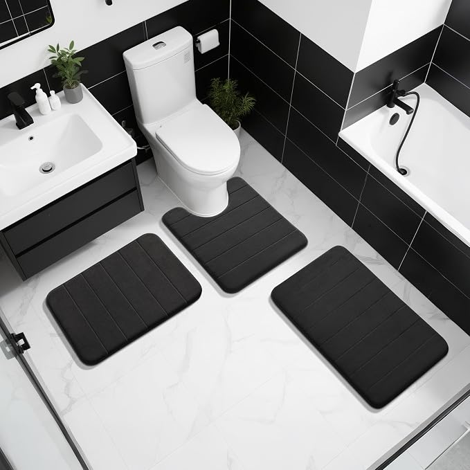 Yimobra Memory Foam Toilet Bath Mat U-Shaped, Soft and Comfortable, Super Water Absorption, Non-Slip, Thick, Machine Wash and Easier to Dry for Bathroom Commode Contour Rug, 24 X 20 Inches, Black