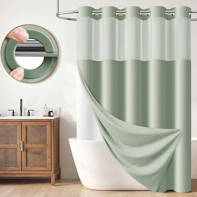 Sage Green Ringless Linen Look Shower Curtain with Snap in Liner 72x75 | 3 in 1 Hotel Shower Curtain Set, Removable Liner, Waterproof & Washable, Mesh Top Window, Durable Fabric, Easy to Install
