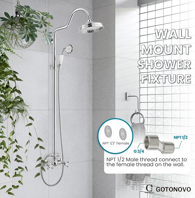 gotonovo Exposed Shower Faucet Set Luxury,Polish Chrome,Curved Arc Rod | Bathroom 8” Shower Head with Handheld Spray System Fixtures,Vintage Two Cross Handle,Wall Mount,for 5-6.7" Hole,Adjust Height