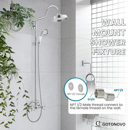 gotonovo Exposed Shower Faucet Set Luxury,Polish Chrome,Curved Arc Rod | Bathroom 8” Shower Head with Handheld Spray System Fixtures,Vintage Two Cross Handle,Wall Mount,for 5-6.7" Hole,Adjust Height