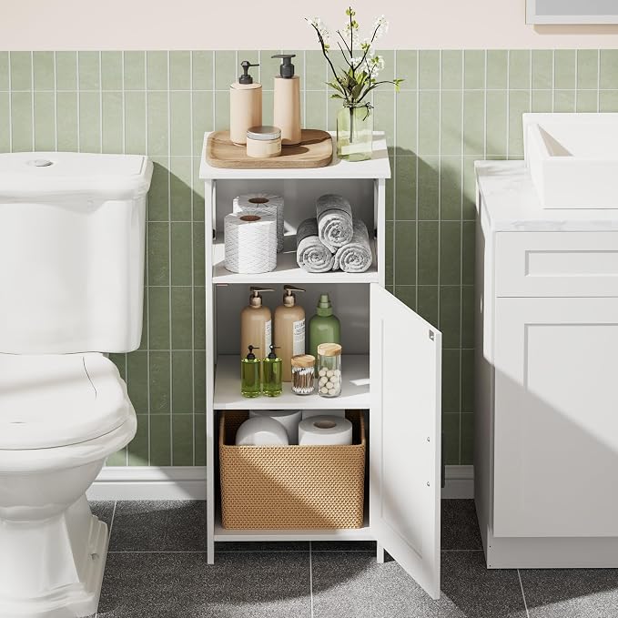 Homhedy Farmhouse Bathroom Storage Cabinet with Doors, Small Floor Cabinet | Toilet Paper Cabinet with Adjustable Shelf, Freestanding Storage Cabinet for Kitchen/Laundry/Living Room, 14"W, White