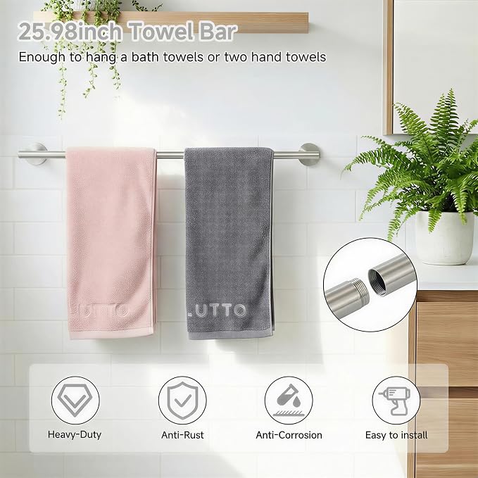 7-Piece Bathroom Hardware Accessories Set, SUS304 Towel Bar, Silver | 25.9-Inch Towel Rack, Oval Towel Ring, Toilet Paper Holder with Shelf & 4 Robe Towel Hooks, Wall-Mounted Towel Holder Set