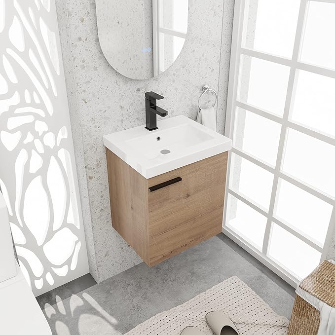 18 Inch Bathroom Vanity with Sink,Wall Mounted Bathroom Vanity Sink Combo with 1 Soft Close Door for Small Space,Modern Floating Bathroom Vanities with Top Basin&Brown Storage Cabinet