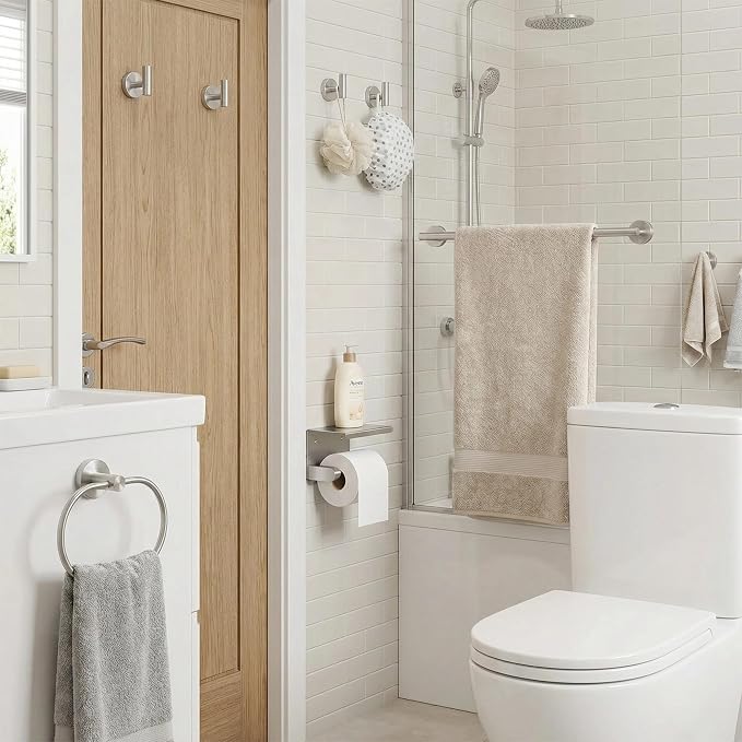 7-Piece Bathroom Hardware Accessories Set, SUS304 Towel Bar, Silver | 25.9-Inch Towel Rack, Oval Towel Ring, Toilet Paper Holder with Shelf & 4 Robe Towel Hooks, Wall-Mounted Towel Holder Set