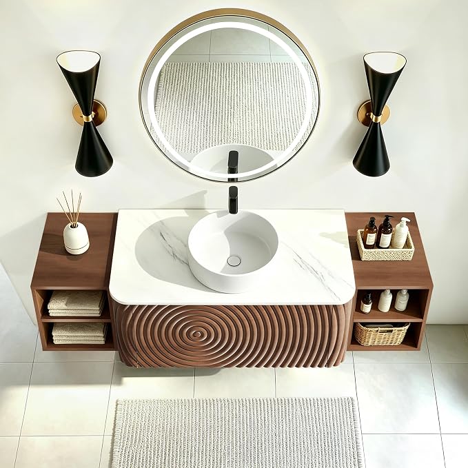 60" Floating Bathroom Vanity with Sink, Mid-Century Wall Mounted Bathroom Vanity Cabinet with Wood Waved Decor,Ceramic Vessel Basin and Sintered Stone Top, Soft Close Drawer, 2 Side Open Cube