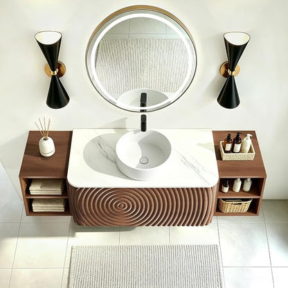 60" Floating Bathroom Vanity with Sink, Mid-Century Wall Mounted Bathroom Vanity Cabinet with Wood Waved Decor,Ceramic Vessel Basin and Sintered Stone Top, Soft Close Drawer, 2 Side Open Cube