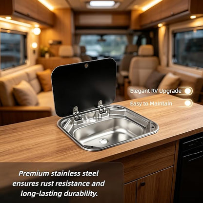 RV Sink Stainless Steel Hand Wash Basin with Folding Lid and Faucet | Tempered Glass Lid, Hot&Cold Faucet, Single Bowl Drop-In Basin Sink for RV Camper Caravan Boat Home, 16.5" x 14.3" x 6.3"