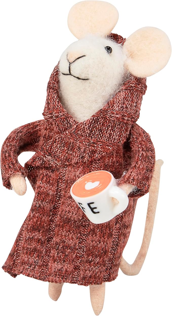 Primitives by Kathy Houserobe Mouse Collectible Felt Critter, 4.75-inch, Wearing Knitted houserobe, Heart Foam Latte Display with Our Other Bathroom Inspired Figures, Everyday Home Accent or Spa Gift