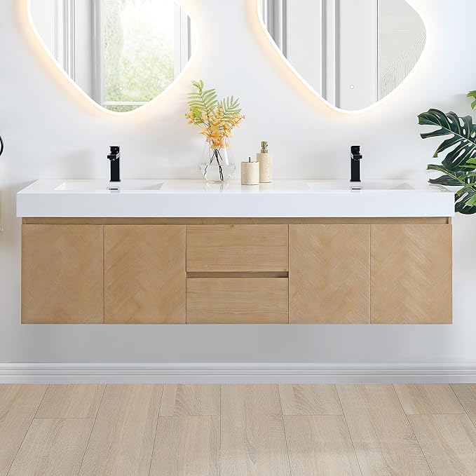 72 Inch Floating Sink Bathroom Vanity Wall Mount Double Vanities Overflow Mordern Large Storge Cabinet with Ceramic Countertop Double Soft Closing Drawers Pre-Assembled