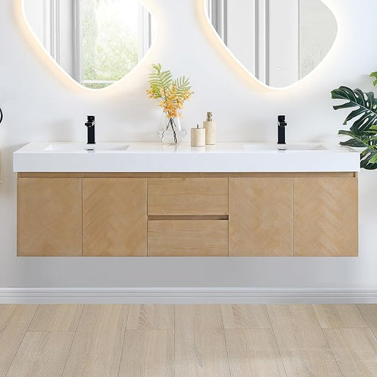 72 Inch Floating Sink Bathroom Vanity Wall Mount Double Vanities Overflow Mordern Large Storge Cabinet with Ceramic Countertop Double Soft Closing Drawers Pre-Assembled