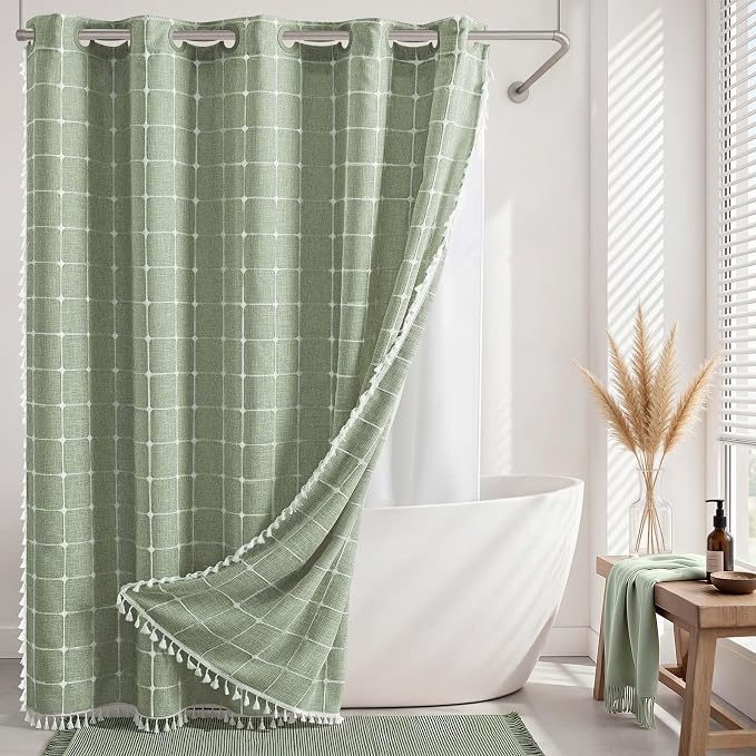 RiverDream Farmhouse No Hooks Shower Curtain with Snap-in Liner,Green,71x74 | Snap on Fabric Liner,Heavy Duty,Quick Dry,With Bottom Magnets,Washable,with Tassels, Rustic Boho Farmhouse,Standard Size