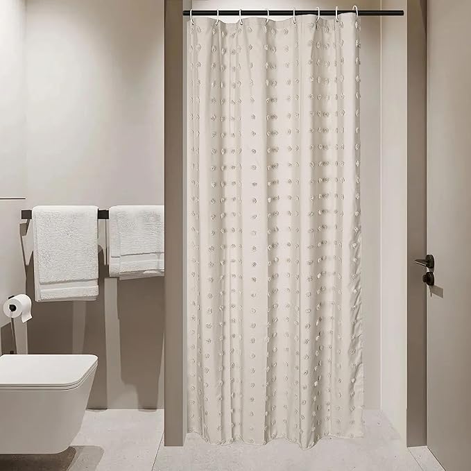 Small Stall Boho Shower Curtain Woven Fabric Cute Beige Shower Curtain, 36 x 72 Tufted Pleat Floral Textured Modern Farmhouse Minimalist Shower Curtain Set with Hooks for Bathroom