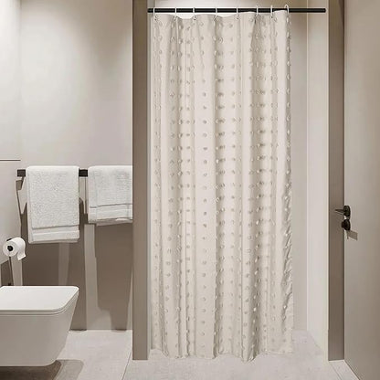 Small Stall Boho Shower Curtain Woven Fabric Cute Beige Shower Curtain, 36 x 72 Tufted Pleat Floral Textured Modern Farmhouse Minimalist Shower Curtain Set with Hooks for Bathroom