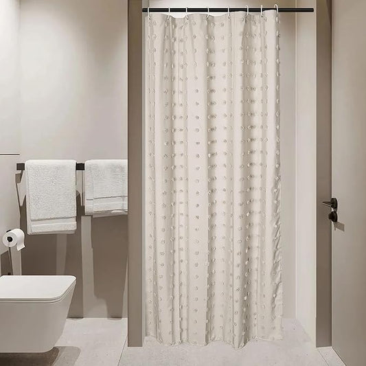 Small Stall Boho Shower Curtain Woven Fabric Cute Beige Shower Curtain, 36 x 72 Tufted Pleat Floral Textured Modern Farmhouse Minimalist Shower Curtain Set with Hooks for Bathroom