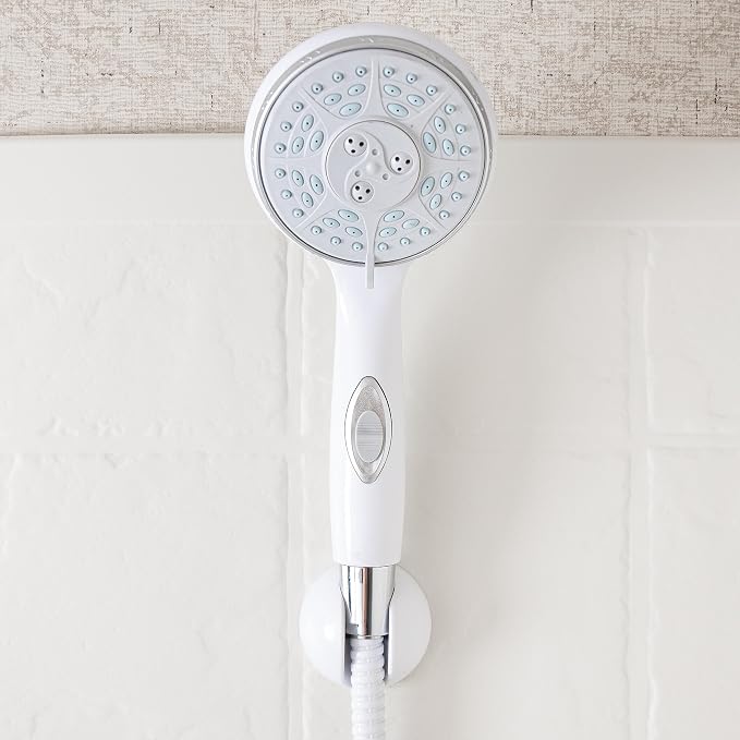 Camco RV Shower Head - Features Convenient On/Off Switch & 5 Different Spray Patterns - Designed to Conserve Potable Water - Simple to Clean w/Rubber Spray Tips - White (43711) | Conserves potable water, rubber tips for easy cleaning, 4 in diameter, 9 ...