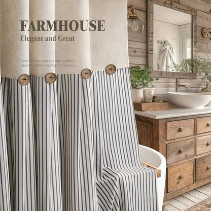 Farmhouse Shower Curtain Linen Button Black Stripe 72" W x 72" L | Farmhouse Style, Chic Button, Striped, Linen Fabric, Rustic, Country, Natural Look, Washable, for Bathroom Bathtub