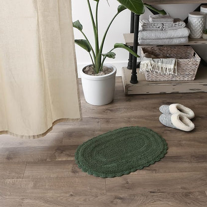 DII Crochet Collection Reversible Bath Mat, Small Oval, 17x24, Dark Green