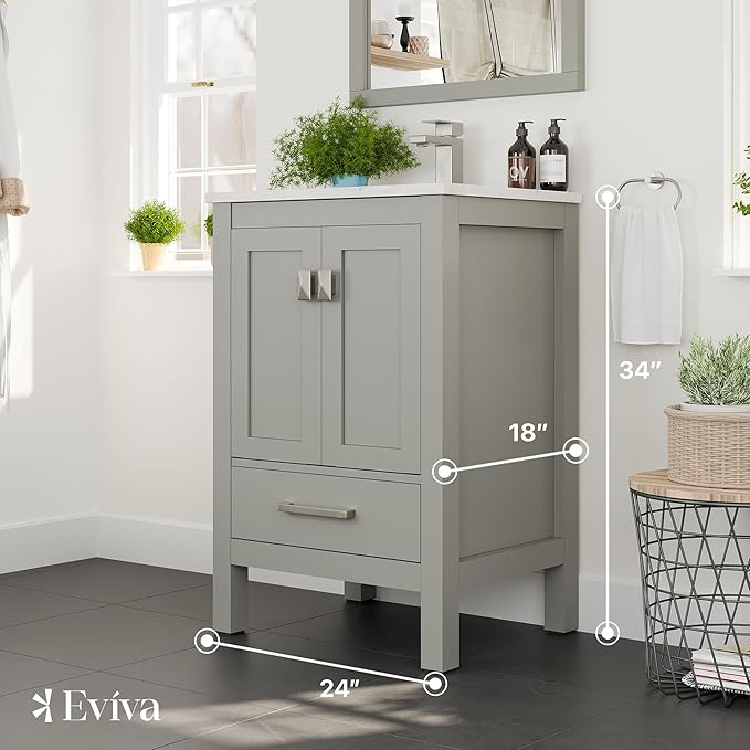 Eviva London 24 in. Gray Single Sink Bath Vanity with Carrara Quartz Top and Undermount Porcelain Sink