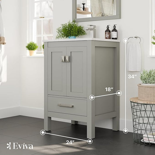 Eviva London 24 in. Gray Single Sink Bath Vanity with Carrara Quartz Top and Undermount Porcelain Sink