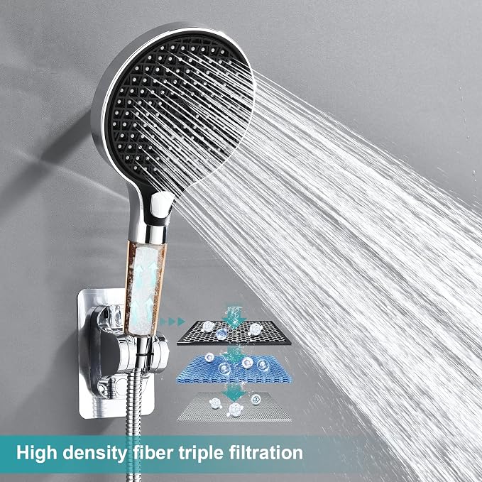 Rainfall Shower Head,12 Inch Rain High Pressure Shower Head with Spray Combo,14 Inch Adjustable Extension Arm and 3 Spray Filtered Shower Head with Filters,79 Inch Long Shower Hose, Silver Chrome