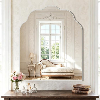 Scalloped Arched Mirror, 30×36Inch Silver Bathroom Mirror, Wavy Wall Mounted Vanity Mirror with Aluminum Alloy Frame for Livingroom Bedroom and Entryway, Tempered Glass