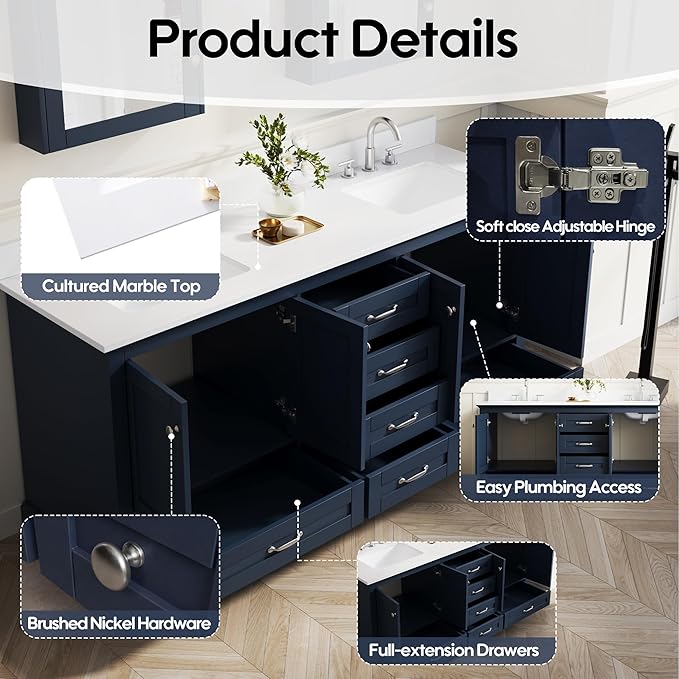WELLFOR 72 Inch Bathroom Vanity with Double Sinks, Solid Wood Bathroom Vanity W/4 Soft-Close Doors and 6 Drawers, Cultured Marble Countertop Bathroom Vanities W/Two Sinks, (Navy Blue)
