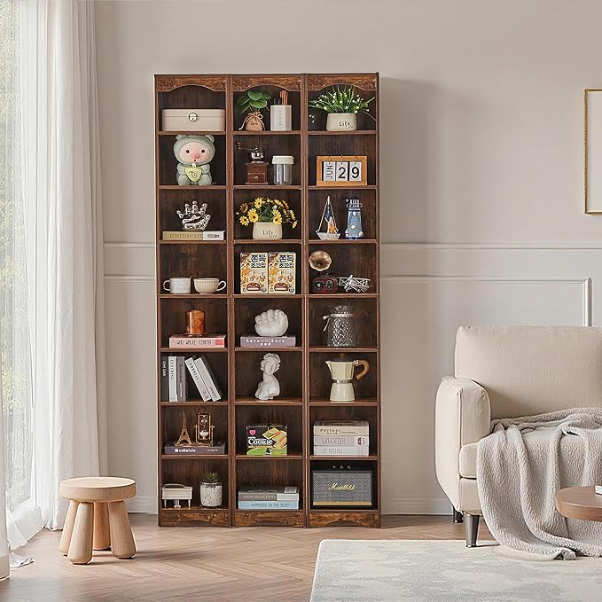 VECELO Curved Top Narrow Tall Bookshelf, 6 Adjustable Movable Shelves, Wood Space Saving Corner Storage Organizer, Retro Brown
