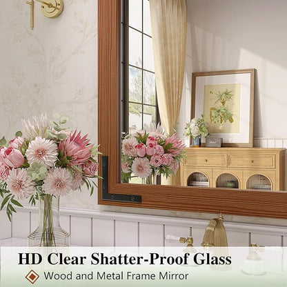 Farmhouse Bathroom Mirror, 24x32 Inch Brown Vanity Mirror for Wall, Wood Framed Rustic Mirror Rectangular Wall Decor Mirrors for Entryway Living Room Bedroom
