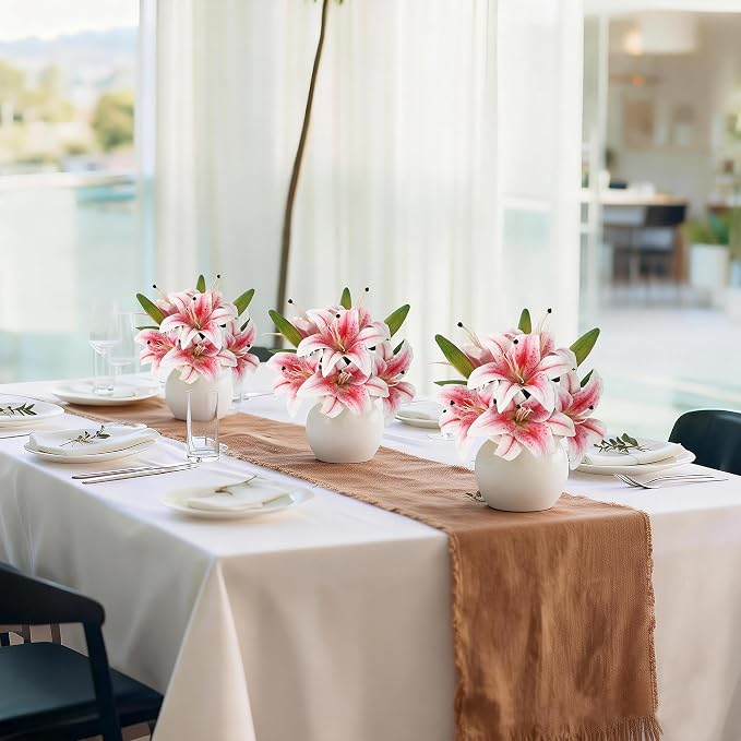 Artificial Lily Flowers with Ceramic Vase, Pink Silk Lily Flower Arrangement, Fake Flowers in Vase Centerpiece, Artificial Floral Arrangement for Table Decor, Shelf, Bathroom, Wedding, Home Decoration