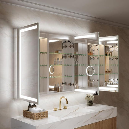 WELLFOR 60" X 36" Bathroom Mirror Medicine Cabinet with 3X Magnification Makeup Mirror, LED Mirrored Cabinet, Bathroom Storage Mirror Cabinet, Three Opening Doors, Recessed or Surface
