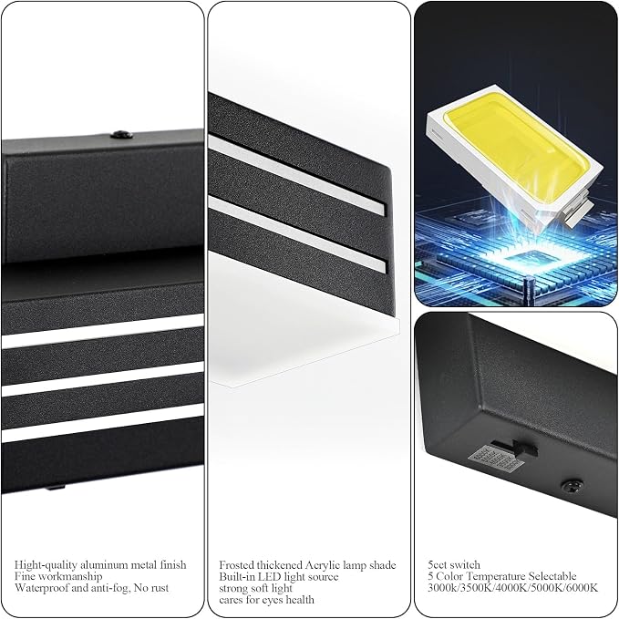 Ralbay 5 Color Temperature Dimmable LED Modern Black Vanity Light for Bathroom 40inch 36W Acrylic Matte Black Bathroom Vanity Lighting Fixtures Over Mirror