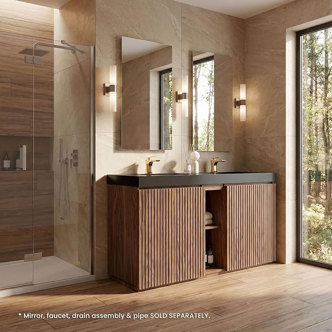 60" Double Bathroom Vanity with Sink Combo, Mid Century Modern Bathroom Cabinet with Doors & Shelves, Matte Black Integrated Sink with Overflow, Walnut