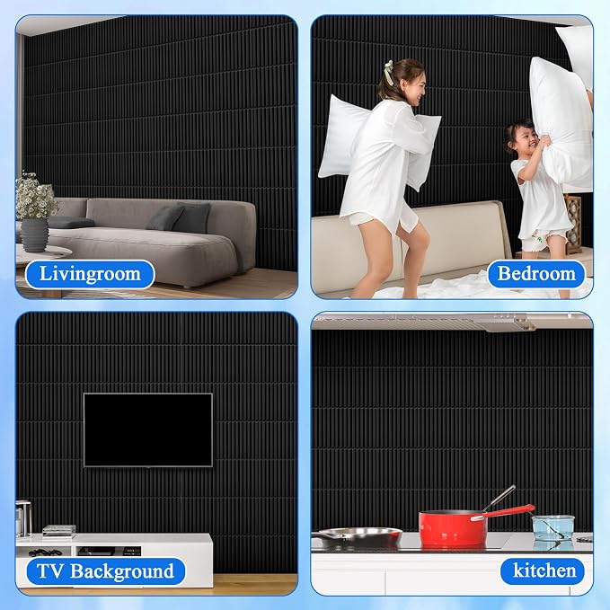 Nuanchu 90 Pcs 3D Wall Panels, 12"x12" PVC Fluted Tiles, Black | Waterproof Accent Panels, Paintable Wall Tiles, for TV Background, Bedroom, Bathroom, Gaming Room, Cuttable Home DIY Decor