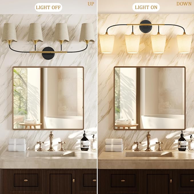 Morauroral Bathroom Light Fixtures Over Mirror, 4 Light Vanity Light for Bathroom, Black Gold Vanity Light Fixtures with Fabric Linen Shade, E26 Socket Sconce Wall Decor(ETL Listed)