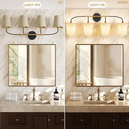 Morauroral Bathroom Light Fixtures Over Mirror, 4 Light Vanity Light for Bathroom, Black Gold Vanity Light Fixtures with Fabric Linen Shade, E26 Socket Sconce Wall Decor(ETL Listed)
