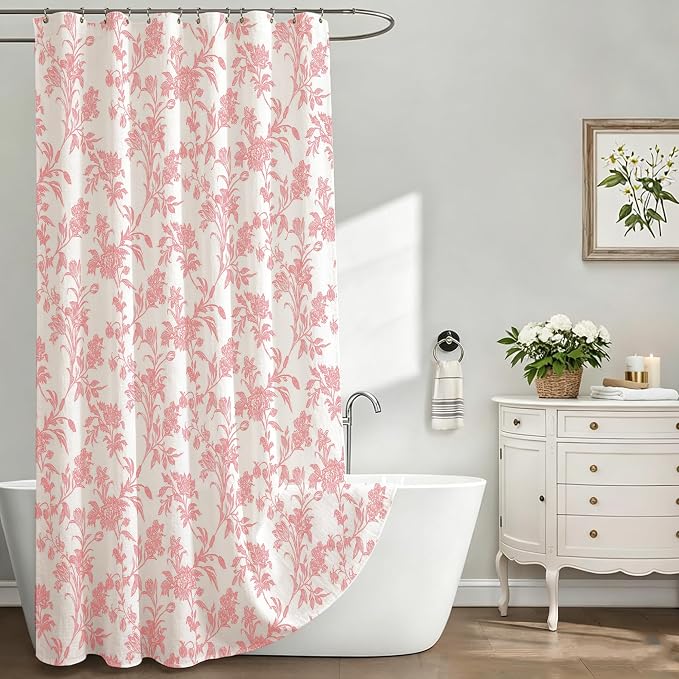 WOUVMA Pink Shower Curtain Floral Cotton Cottagecore Shower Curtain for Bathroom 72" W x 72" L