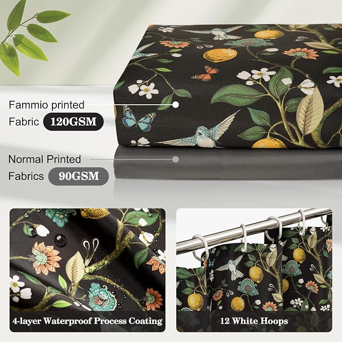 Floral Bird Shower Curtain 72x72, Hummingbird and Lemon Botanical Fabric Bath Curtains, Lightweight Quick-Dry Bathroom Decor Set with Hooks, Black