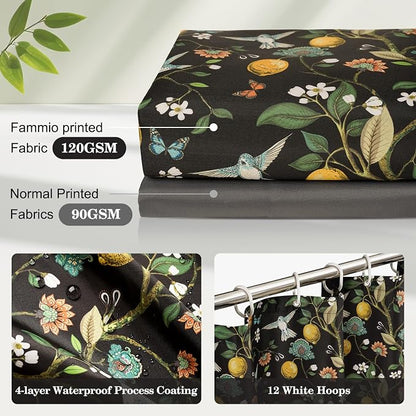 Floral Bird Shower Curtain 72x72, Hummingbird and Lemon Botanical Fabric Bath Curtains, Lightweight Quick-Dry Bathroom Decor Set with Hooks, Black