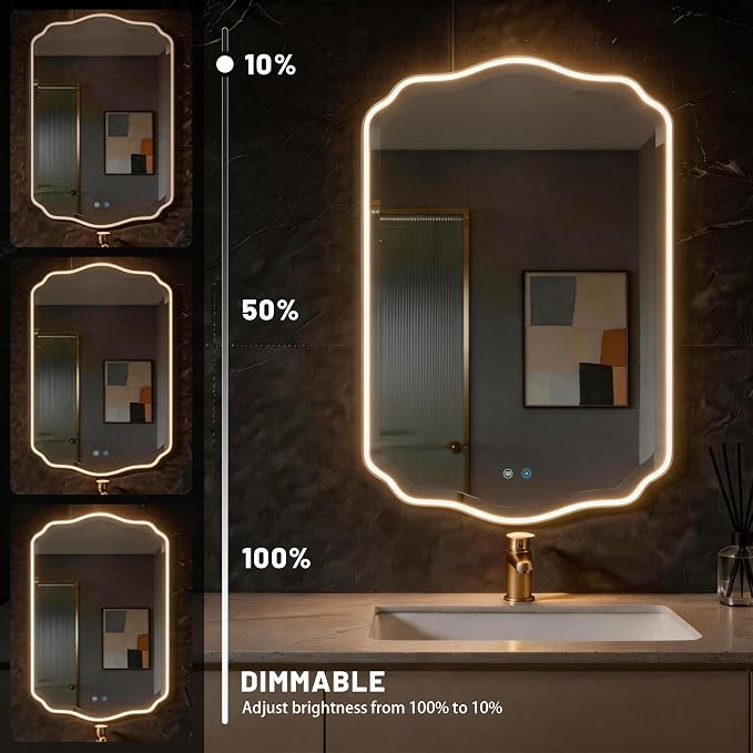 POZINO 40"x24" Scalloped LED Bathroom Mirror with Lights, Black Metal Frame | Beveled Edge, 3 Color Dimmable, Anti-Fog, Memory Function, IP65 Waterproof, Smart Bathroom Vanity Mirror with Front Lights