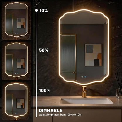 POZINO 30"x22" Scalloped LED Bathroom Mirror with Lights, Gold Metal Frame | Beveled Edge, 3 Color Dimmable, Anti-Fog, Memory Function, IP65 Waterproof, Smart Bathroom Vanity Mirror with Front Lights