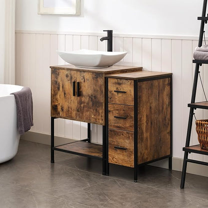 UEV 36" Rustic Brown Bathroom Vanity with Sink Combo,Industrial Iron Frame Bathroom Cabinet Sets with 3 Drawers Side Cabinet,Modern Artistic Ceramic Vessel Sink(032WH)