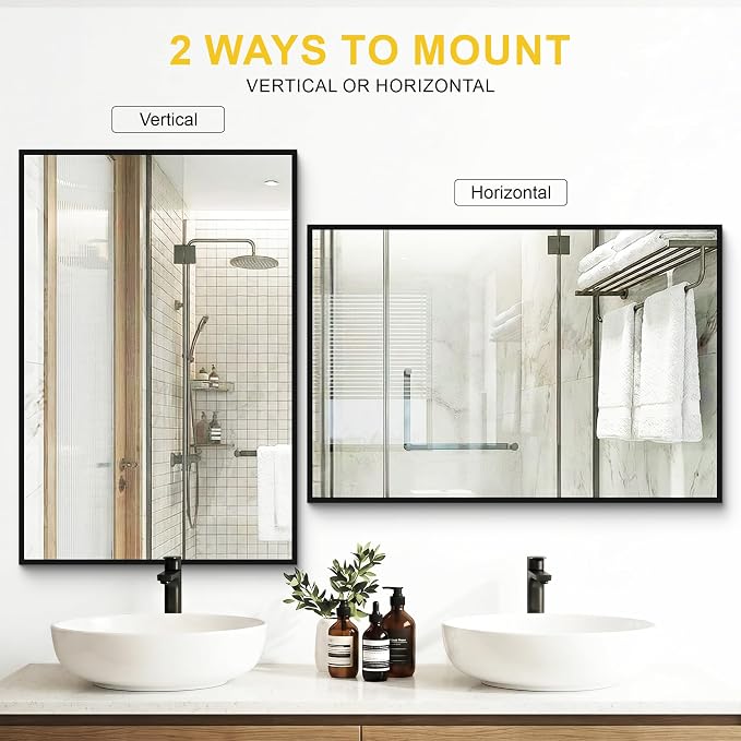 Bathroom Mirror for Wall, 2 Pack 36"x24" Black Vanity Mirror | Sturdy Rectangular Metal Frame, HD Tempered Glass, Hangs Horizontally or Vertically in Bedroom, Living Room, Entryway